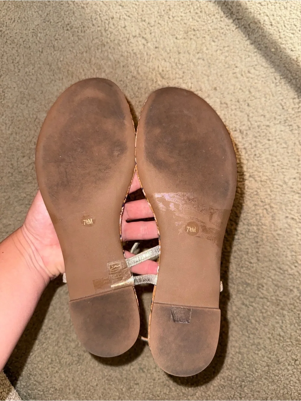 Tory Burch Rose Gold Metallic T-Strap Sandals with Multicolor Cork Insole